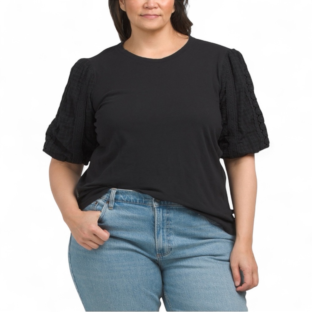 NWT DESIGN HISTORY Crochet Sleeve Black Top Size 2X